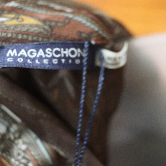 Magaschoni Heritage Paisley Silk Pussycat Bow Top Size 14 Brown Print Elegant - Picture 15 of 16